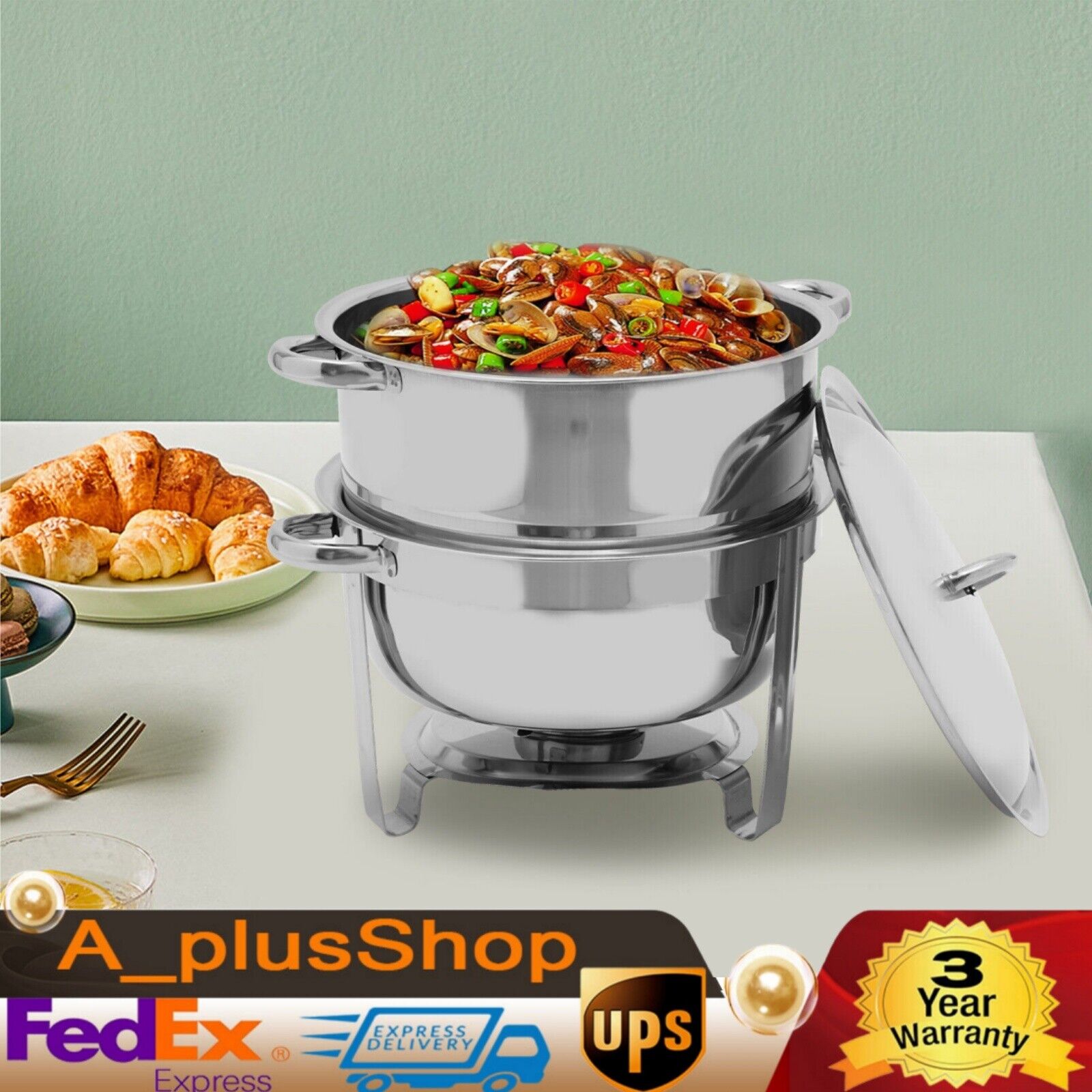 Round Chafing Dish W/Lid 14.2QT Buffet Server Chafer Food Warmer Stainless Steel