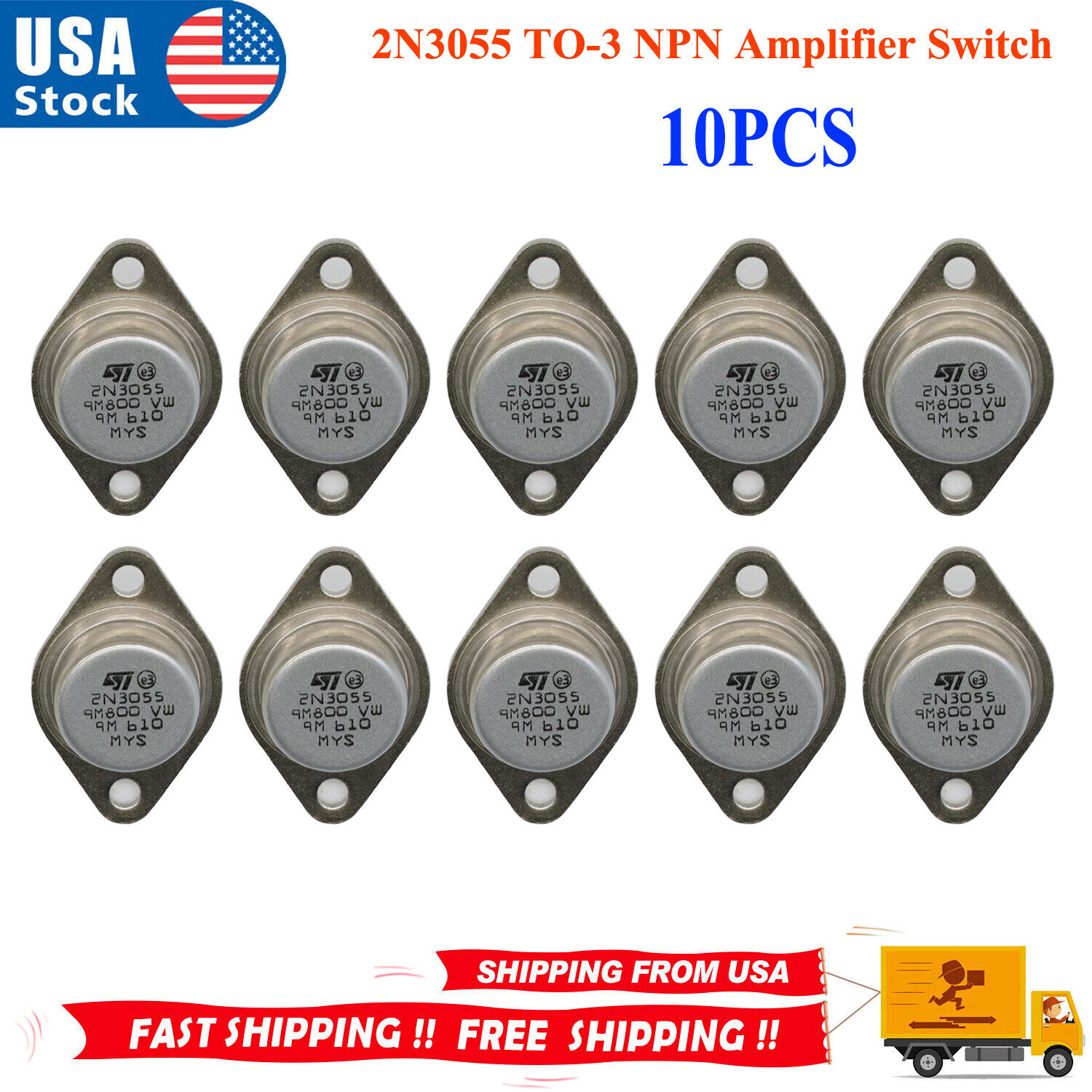 10X 2N3055 TO-3 NPN Amplifier Switch Transistor Audio Power Metal Case 15A/60V