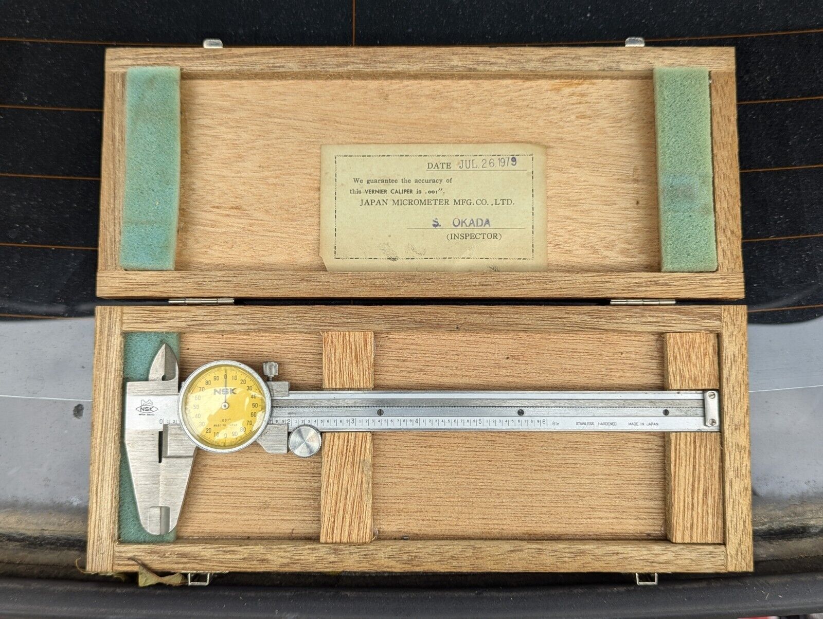 NSK Japan Micrometer Vernier Caliper with Original Wood Box and COA. Vintage \'78