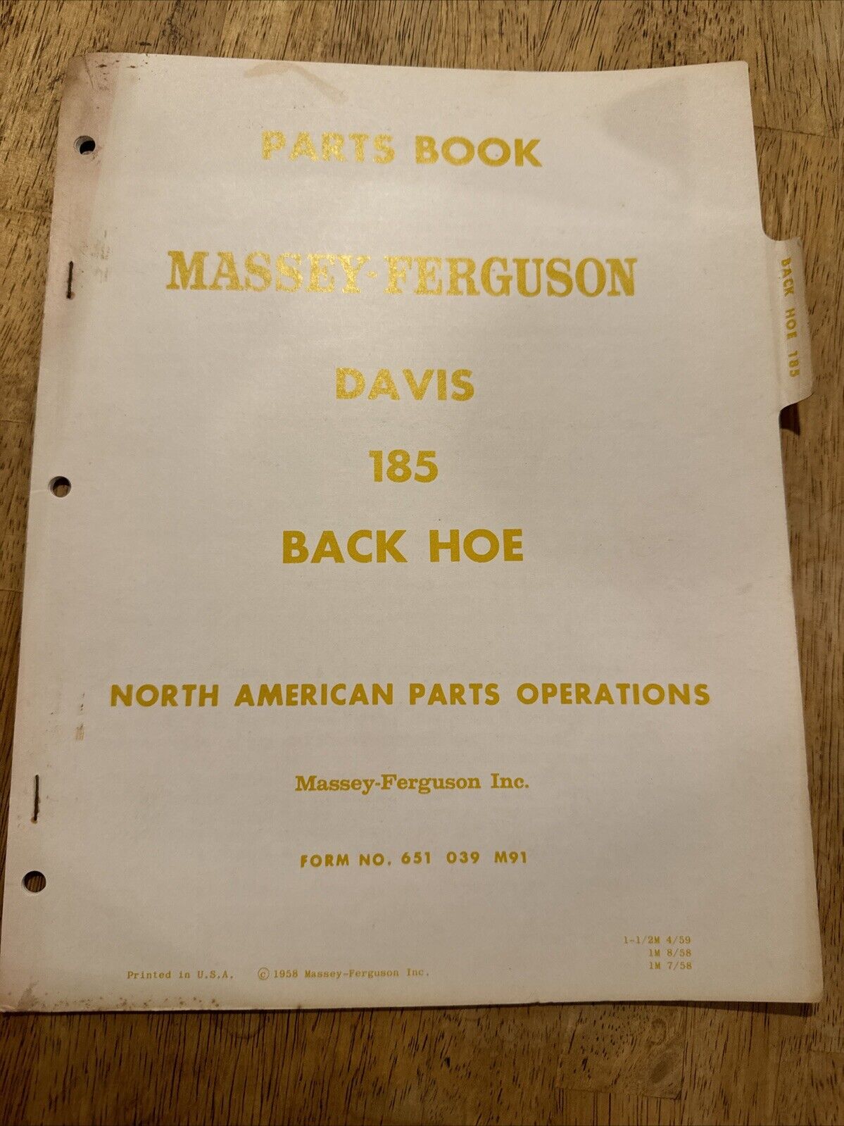 Vintage 1958/59 Massey Ferguson Davis 185 Back Hoe  Parts Book
