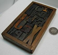29 pcs. vintage/antique letterpress in an old wooden box with stand for display. picture