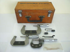 Vintage Set Of 3 Micrometer Tools in Dove Tail Wooden Box Unk Make Micro Meter  picture